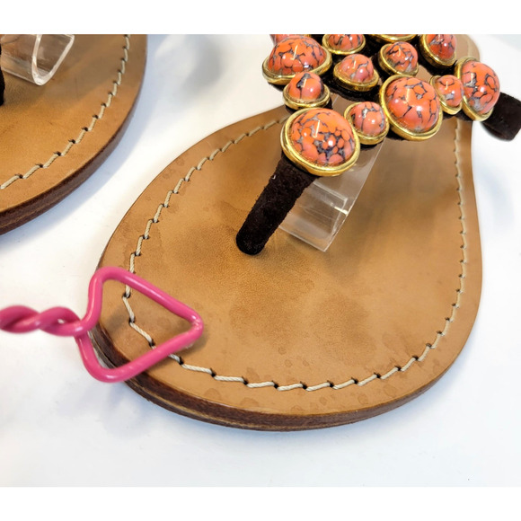 Mystique Boho Thong Sandals Shoes Womens 7 Brown Suede Orange Stone Flat Artsy - Picture 10 of 16
